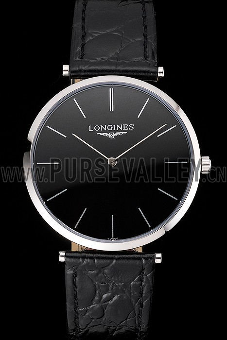 Swiss Longines Grande Classique Black Dial Stainless Steel Case Black Leather Strap