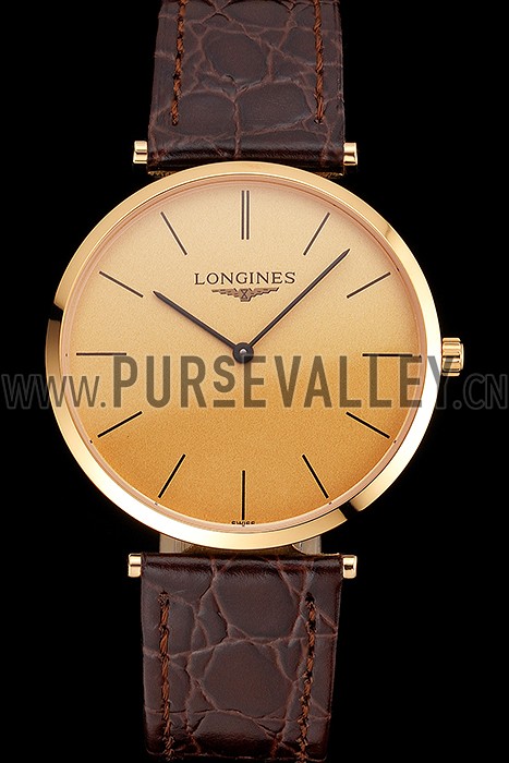 Swiss Longines Grande Classique Gold Dial Gold Case Brown Leather Strap