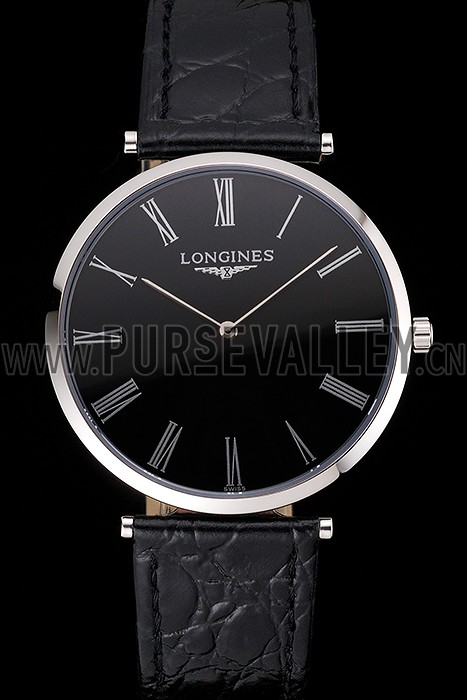 Swiss Longines Grande Classique Black Dial Roman Numerals Stainless Steel Case Black Leather Strap