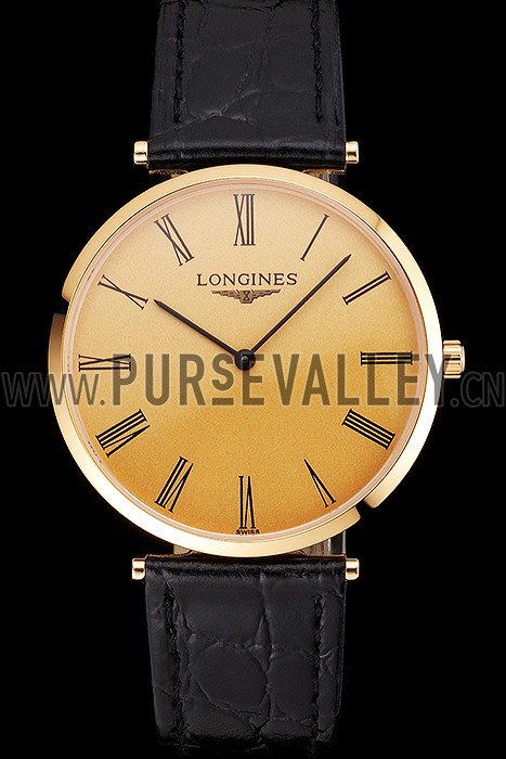 Swiss Longines Grande Classique Gold Dial Roman Numerals Gold Case Black Leather Strap