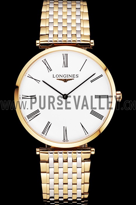 Swiss Longines Grande Classique White Dial Roman Numerals Gold Case Two Tone Bracelet