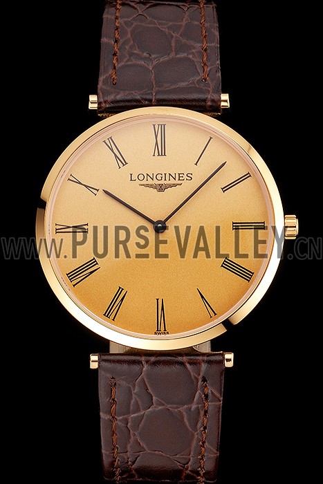 Swiss Longines Grande Classique Gold Dial Roman Numerals Gold Case Brown Leather Strap