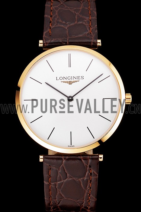 Swiss Longines Grande Classique White Dial Gold Case Brown Leather Strap