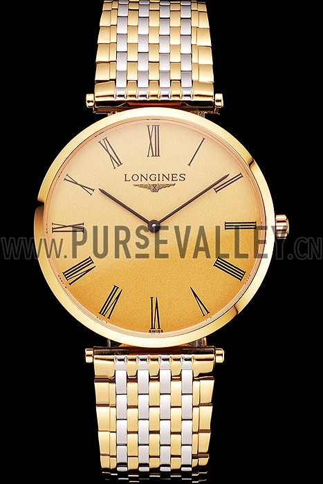 Swiss Longines Grande Classique Gold Dial Roman Numerals Gold Case Two Tone Bracelet