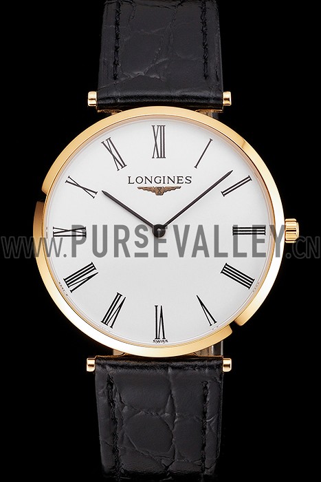 Swiss Longines Grande Classique White Dial Roman Numerals Gold Case Black Leather Strap