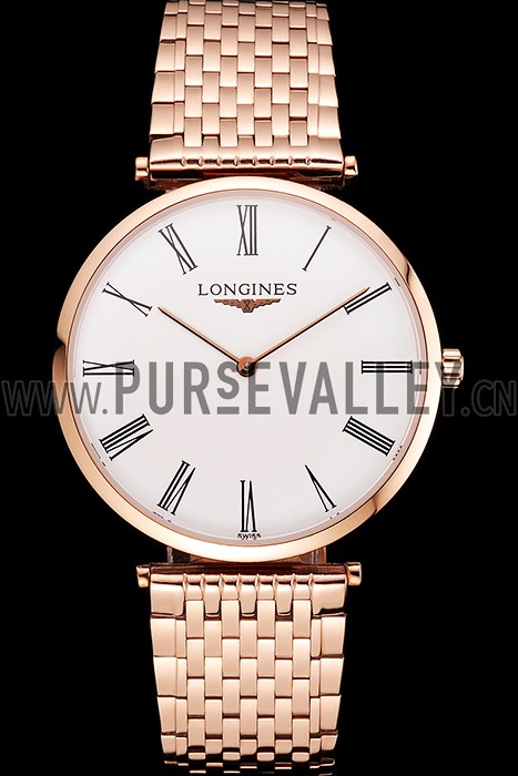 Swiss Longines Grande Classique White Dial Roman Numerals Rose Gold Case And Bracelet