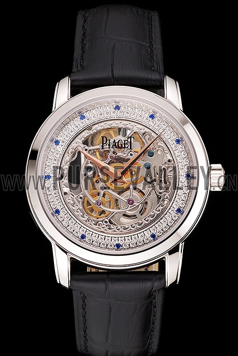 Swiss Piaget Altiplano Skeleton Dial With Diamonds Stainless Steel Case Black Leather Strap