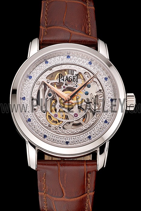 Swiss Piaget Altiplano Skeleton Dial With Diamonds Stainless Steel Case Brown Leather Strap