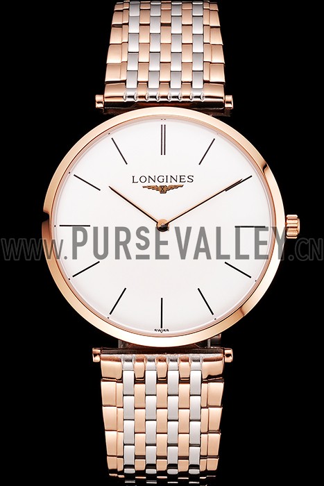 Swiss Longines Grande Classique White Dial Rose Gold Case Two Tone Bracelet