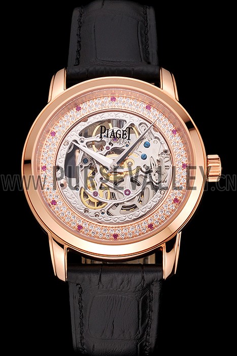 Swiss Piaget Altiplano Skeleton Dial With Diamonds Rose Gold Case Black Leather Strap