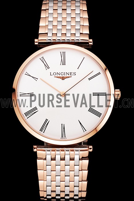 Swiss Longines Grande Classique White Dial Roman Numerals Rose Gold Case Two Tone Bracelet