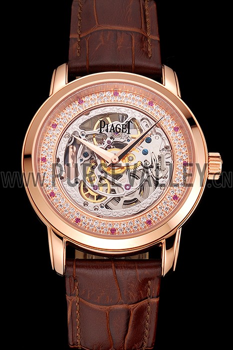 Swiss Piaget Altiplano Skeleton Dial With Diamonds Rose Gold Case Brown Leather Strap