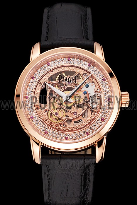 Swiss Piaget Altiplano Rose Gold Skeleton Dial With Diamonds Rose Gold Case Black Leather Strap