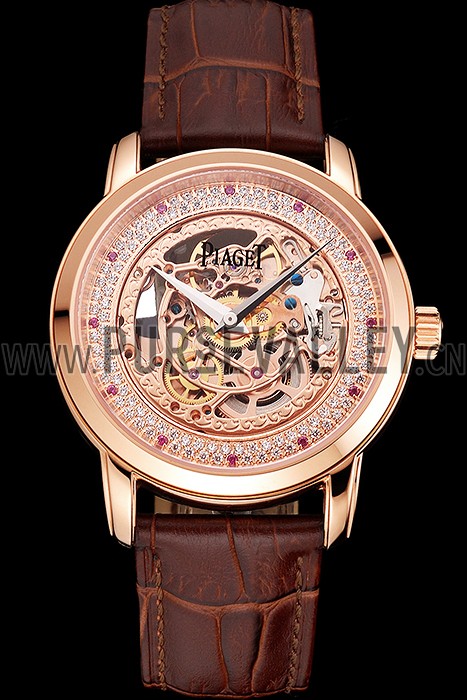 Swiss Piaget Altiplano Rose Gold Skeleton Dial With Diamonds Rose Gold Case Brown Leather Strap