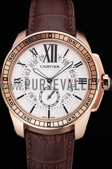Cartier Calibre De Cartier Small Seconds White Dial Rose Gold Case Brown Leather Strap