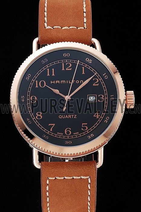 Hamilton Navy Pioneer Black Dial Rose Gold Case Brown Leather Strap