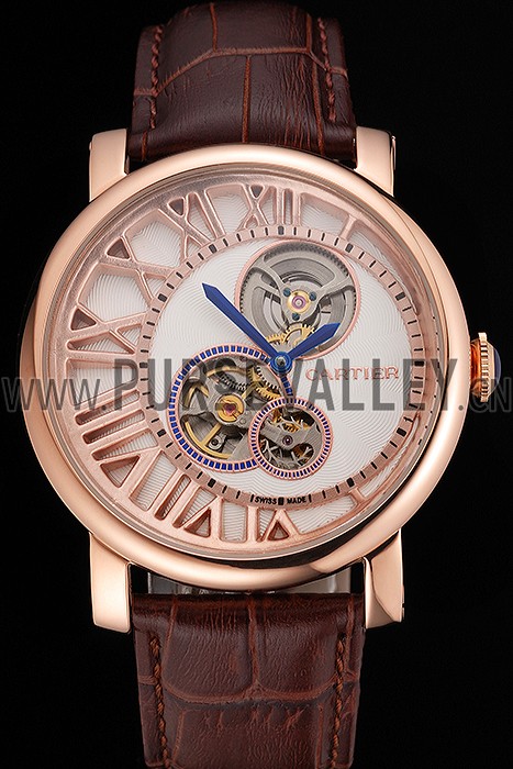 Cartier Rotonde De Cartier Flying Tourbillon White Dial Rose Gold Numerals Rose Gold Case Brown Leather Strap