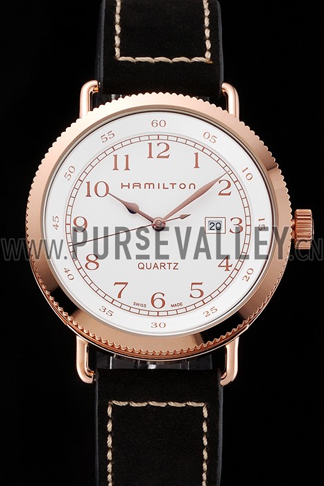 Hamilton Navy Pioneer White Dial Rose Gold Case Black Leather Strap