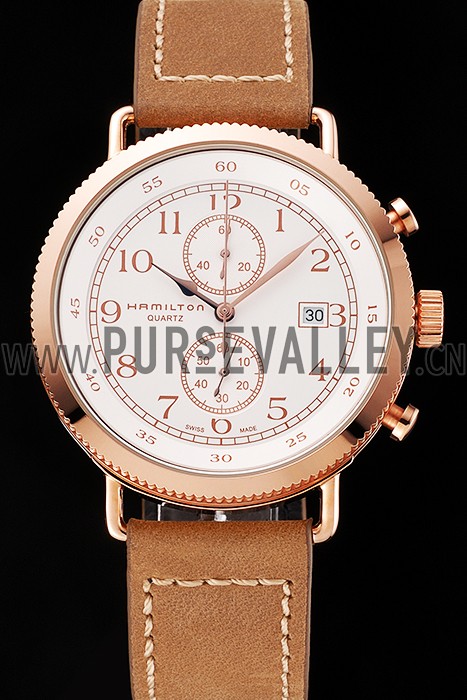 Hamilton Navy Pioneer Chrono White Dial Rose Gold Case Light Brown Leather Strap
