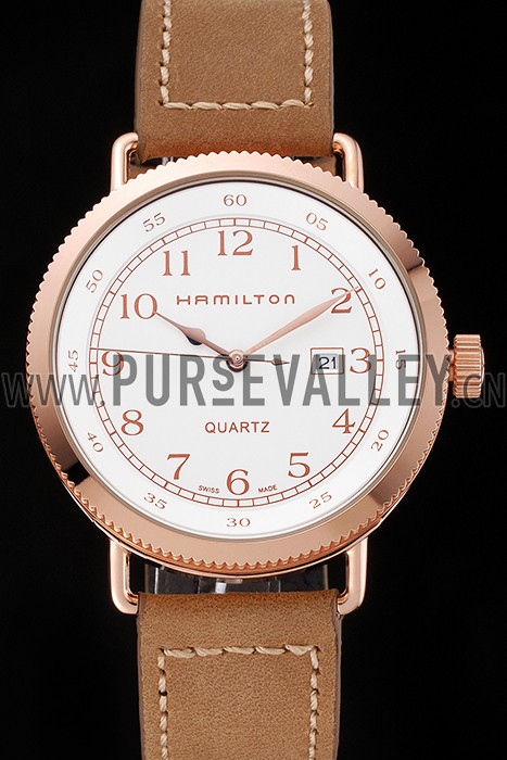 Hamilton Navy Pioneer White Dial Rose Gold Case Light Brown Leather Strap