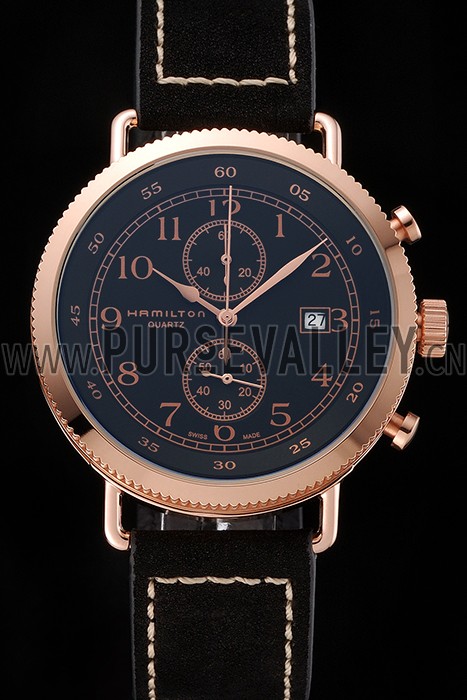 Hamilton Navy Pioneer Chrono Black Dial Rose Gold Case Black Leather Strap