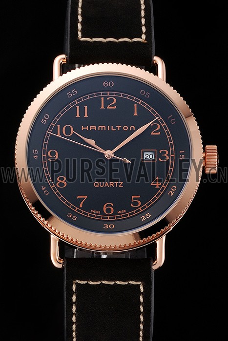Hamilton Navy Pioneer Black Dial Rose Gold Case Black Leather Strap