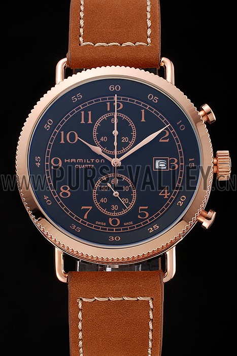 Hamilton Navy Pioneer Chrono Black Dial Rose Gold Case Brown Leather Strap