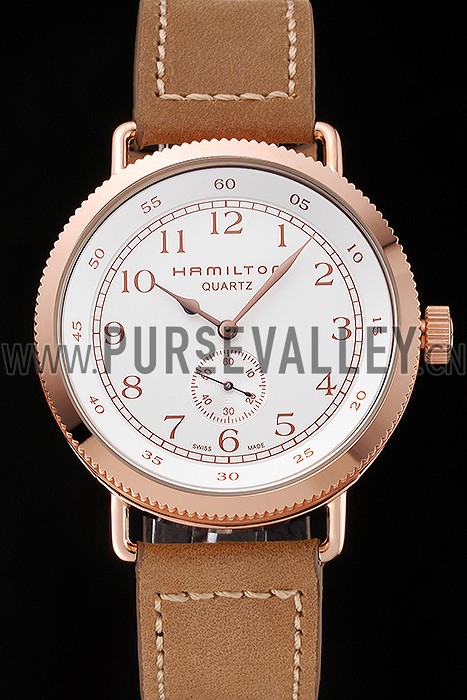 Hamilton Navy Pioneer Small Second White Dial Rose Gold Case Light Brown Leather Strap