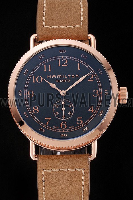 Hamilton Navy Pioneer Small Second Black Dial Rose Gold Case Light Brown Leather Strap