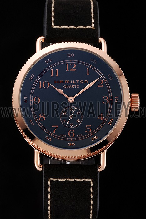 Hamilton Navy Pioneer Small Second Black Dial Rose Gold Case Black Leather Strap