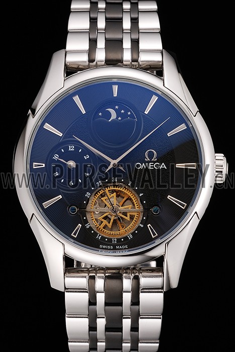 Omega De Ville Moonphase Tourbillon Black Dial Stainless Steel Case Two Tone Black Steel Bracelet
