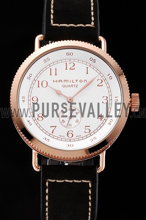Hamilton Navy Pioneer Small Second White Dial Rose Gold Case Black Leather Strap