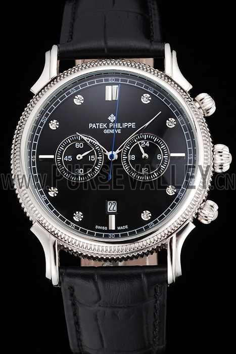 Patek Philippe Chronograph Black Dial With Diamonds Stainless Steel Case Black Leather Strap