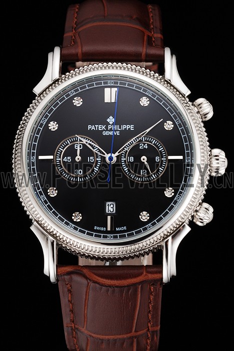 Patek Philippe Chronograph Black Dial With Diamonds Stainless Steel Case Brown Leather Strap