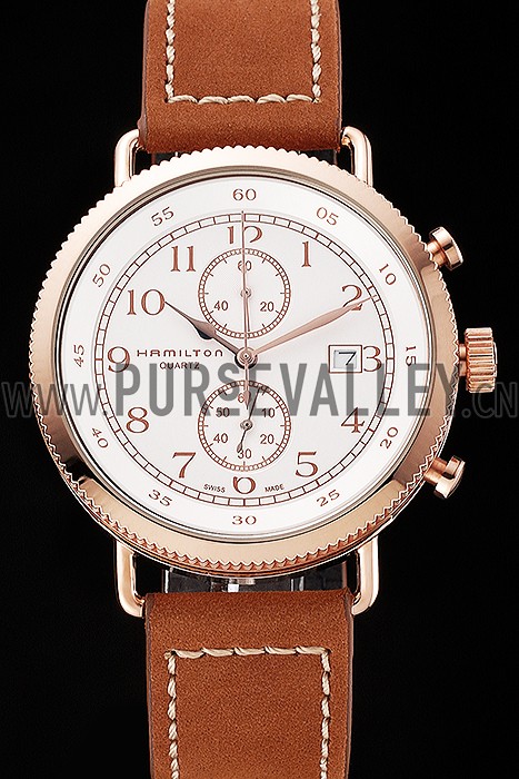 Hamilton Navy Pioneer Chrono White Dial Rose Gold Case Brown Leather Strap