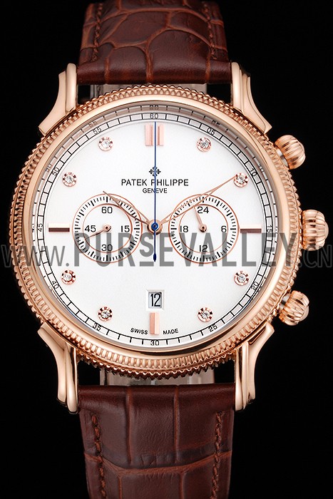 Patek Philippe Chronograph White Dial With Diamonds Rose Gold Case Brown Leather Strap