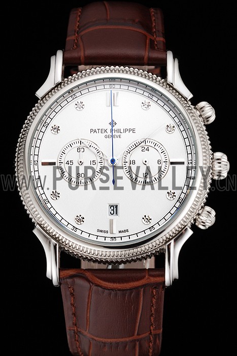 Patek Philippe Chronograph White Dial With Diamonds Stainless Steel Case Brown Leather Strap