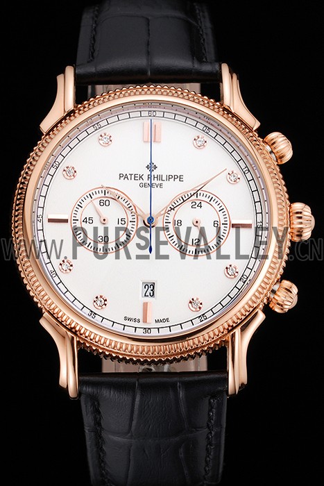 Patek Philippe Chronograph White Dial With Diamonds Rose Gold Case Black Leather Strap