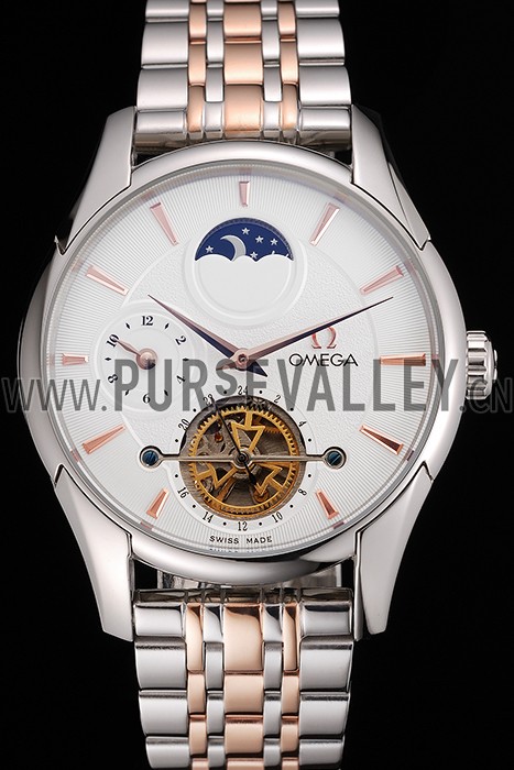 Omega De Ville Moonphase Tourbillon White Dial Stainless Steel Case Two Tone Steel Rose Gold Bracelet