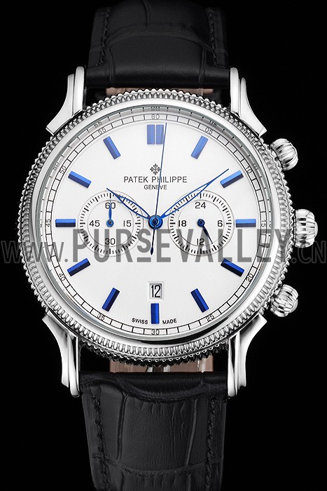 Patek Philippe Chronograph White Dial Blue Markings Stainless Steel Case Black Leather Strap