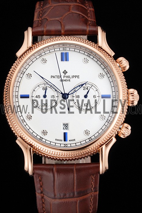 Patek Philippe Chronograph White Dial With Blue And Diamond Markings Rose Gold Case Brown Leather Strap