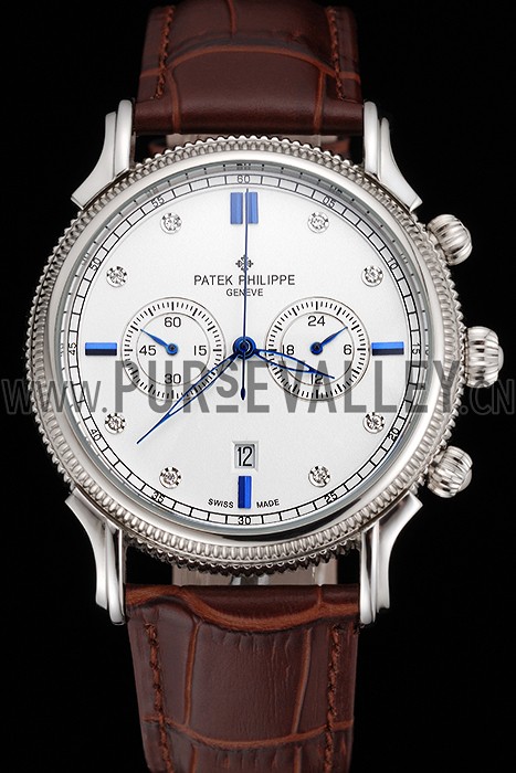 Patek Philippe Chronograph White Dial With Diamond And Blue Markings Stainless Steel Case Brown Leather Strap