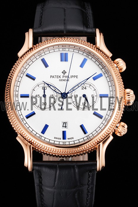 Patek Philippe Chronograph White Dial Blue Markings Rose Gold Case Black Leather Strap