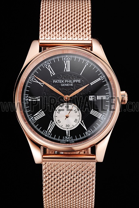 Patek Philippe Calatrava Small Seconds Black Engraved Dial Rose Gold Case And Bracelet