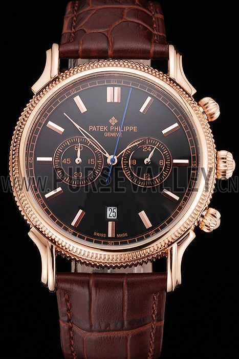 Patek Philippe Chronograph Black Dial Rose Gold Case Brown Leather Strap