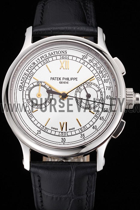Swiss Patek Philippe 5170J Chronograph White Dial Gold Hands Stainless Steel Case Black Leather Strap