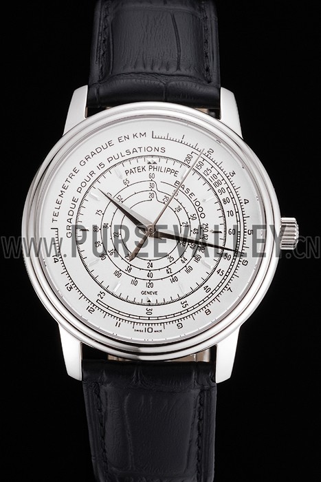 Swiss Patek Philippe Multi-Scale Chronograph White Dial Stainless Steel Case Black Leather Strap