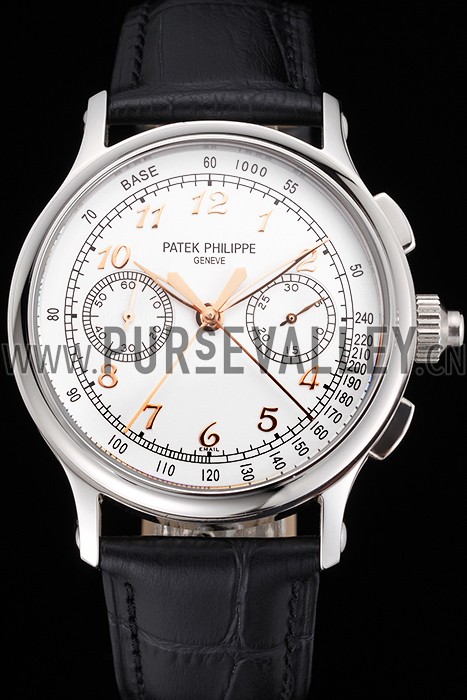 Swiss Patek Philippe Split Seconds Chronograph White Dial Rose Gold Hands Stainless Steel Case Black Leather Strap