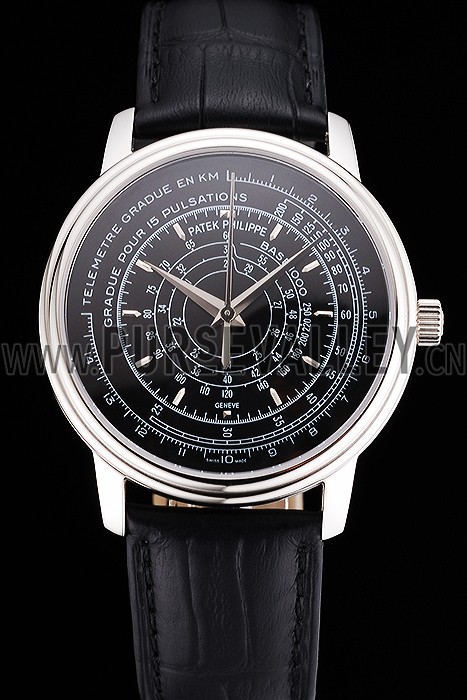 Swiss Patek Philippe Multi-Scale Chronograph Black Dial Stainless Steel Case Black Leather Strap
