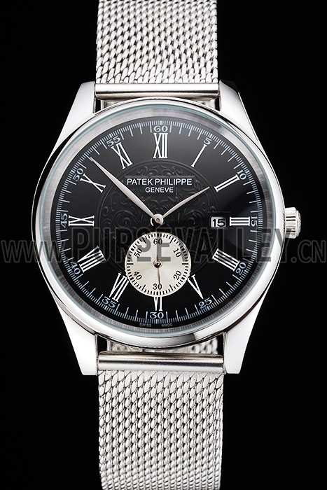 Patek Philippe Calatrava Small Seconds Black Engraved Dial Stainless Steel Case And Bracelet